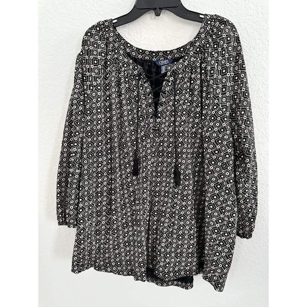 CHAPS Women Lightweight Black Cotton Blend Tunic 3/4 Balloon Sleeve Geo XXL‎